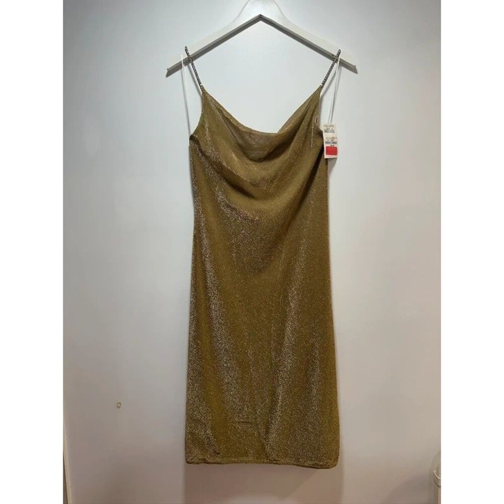 NWT Vibtage Poleci cowl neck (ish) party dress, gold, Sz M